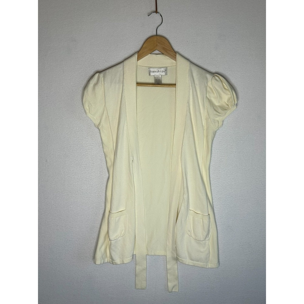 Between Me & You Beige Cardigan Womens Size Large Short Puff Sleeve Tie Front